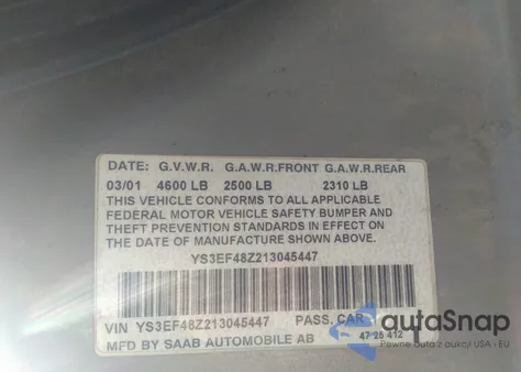 2001 Saab 9-5 Se z USA, uszkodzony, nr VIN YS3EF48Z213045447